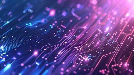 Poster - A digital circuit board features neon glowing lights, evoking an abstract and futuristic technology concept