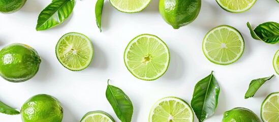 Canvas Print - A top down view of halved lime fruits with a green leaf isolated on a white background provides a flat lay arrangement with a copy space image