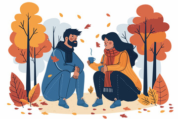 Autumn Romance: A couple enjoys a cozy moment together in a picturesque autumnal setting, surrounded by vibrant foliage and falling leaves. They share a warm drink, their connection evident in their i