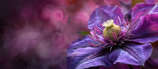 Poster - Macro close up shot of a dark lilac Clematis flower in a garden with copy space belonging to the Ranunculus family