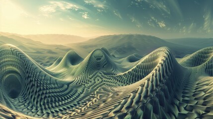 Poster - This serene fractal landscape features rolling hills bathed in soft light as dusk settles over the distant mountains, creating a peaceful atmosphere