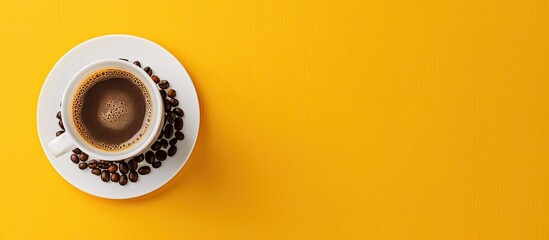 Canvas Print - Top view of an empty white coaster and a coffee cup with coffee beans on a yellow background in a copy space image