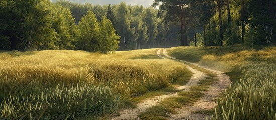 Wall Mural - Summer landscape with a rural road near a forest bordering a barley field creating a picturesque scene with a copy space image