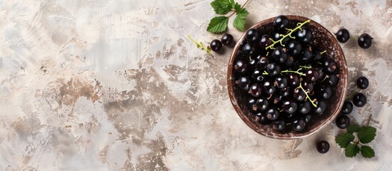 Poster - View from above of a bowl with ripe black currants on a light table with ample space for text in the image