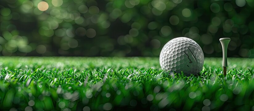 A static golf ball and tee on fake grass in a non playing state featuring copy space image