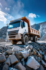 A dump truck is driving through a rocky area. The truck is covered in dirt and rocks, and it is in the process of dumping its load. Concept of hard work and determination