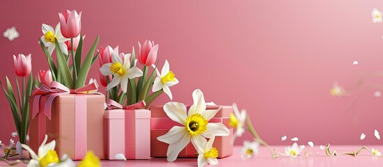 Sticker - Beautiful gift boxes adorned with tulips and daffodils against a pink backdrop in a copy space image