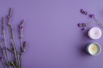 Lavender sprigs and two candles on a purple background create a calming and serene ambiance for relaxation.