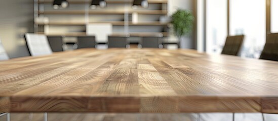 Canvas Print - A wooden office table is showcased in a modern office meeting area with a blurred background ideal for business product displays and presentations featuring plenty of copy space image