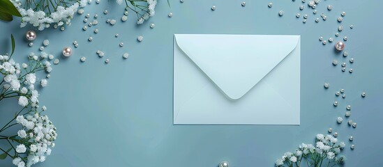 Sticker - From an aerial view a blue background adorned with pearls flowers and a list on white paper and envelope providing copy space image