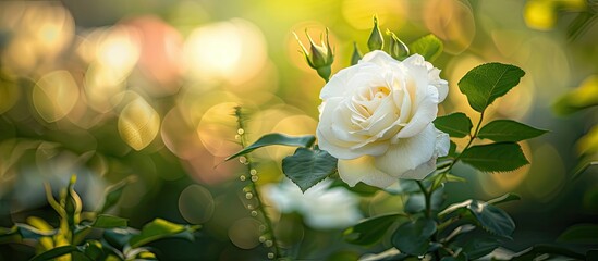 Canvas Print - A delicate white rose in full bloom adds fragrance and beauty to a summer garden scene with a copy space image