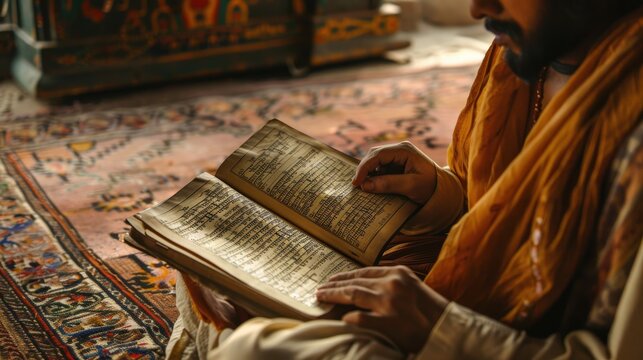A person reading sacred texts, immersed in religious study and reflection