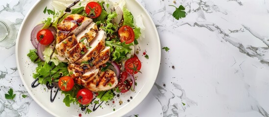 Poster - Top view white marble background for a balanced spring diet salad with fresh lettuce tomatoes onion grilled chicken breast and balsamic dressing copy space image