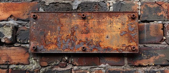 Wall Mural - An old rusted iron plate attached to the brick wall with a copy space image