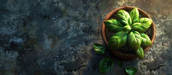 Wall Mural - Fresh basil plant in a pot on a textured surface with vibrant organic basil leaves representing vegan spices nurtured through home gardening in the kitchen setting providing a copy space image