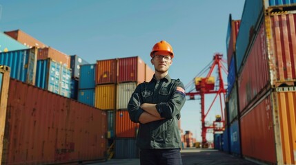 Poster - Caucasian warehouse worker in uniform with hard hat standing in container port terminal. Area logistics import export and ship