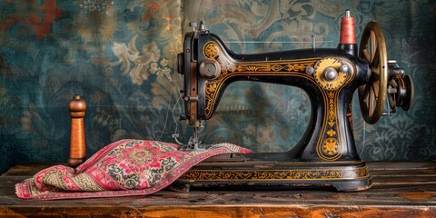 Wall Mural - Vintage sewing machine with fabric and thread, ready for a creative project