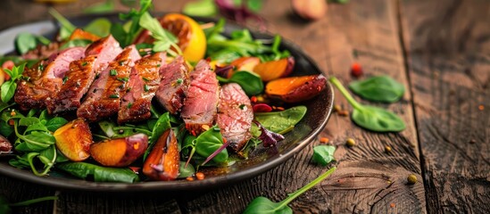 Poster - Fresh smoked duck breast meat salad displayed as a delicious meal or snack on a rustic table setting with a food background providing copy space image