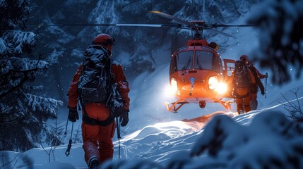 Wall Mural - A group of people are hiking up a snowy mountain at night. The group is wearing orange and black clothing