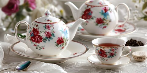 Aufkleber - Elegant tea set with floral patterns, inviting a taste of vintage afternoon elegance