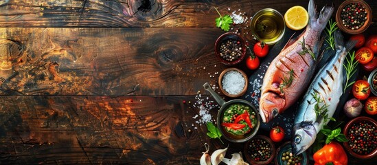 Wall Mural - Fresh seafood fillet on a rustic table with a food background perfect for keto paleo vegetarian or pescetarian diets featuring a copy space image from a top view