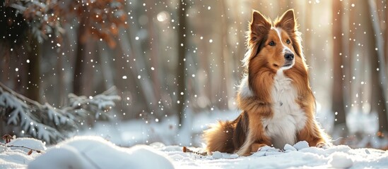 Wall Mural - A lively red collie dog posing on snowy ground in a winter forest park setting with writing area for a banner or text in the picture. Copy space image. Place for adding text and design