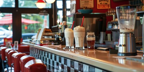 Wall Mural - Retro-style diner counter with milkshakes and burgers, invoking nostalgic Americana