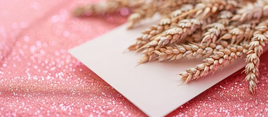 Sticker - Minimalistic agricultural concept with a white blank mockup amidst a bunch of wheat ears on a pink glittery backdrop offering ample copy space image