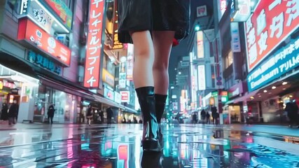 Sticker - Legs of young woman walking on Tokyo street at night