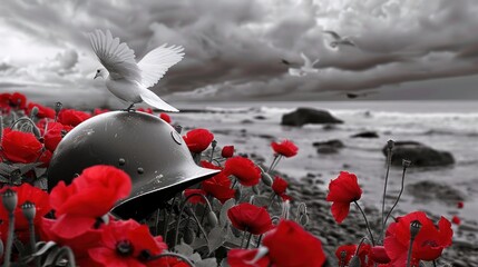 Wall Mural - A bird sits on top of a helmet in a field of red flowers