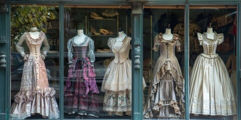 Aufkleber - Victorian era dresses on display in an antique shop window, showcasing fashion history