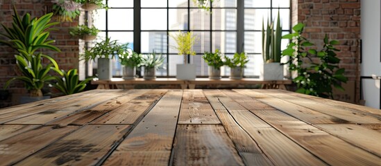 Canvas Print - A wooden table set against a stylish office backdrop perfect for showcasing office items and promotional materials with a copy space image