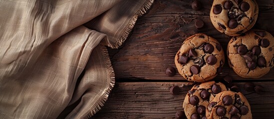 Poster - Jute strewn chocolate chip cookies on a wooden surface with copy space image available