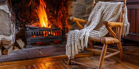 Aufkleber - Rustic wooden chair by a fireplace, draped with a hand-knitted blanket