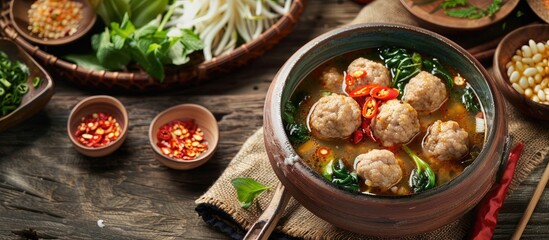 Poster - Indulge in a savory Indonesian dish featuring vegetable soup with meatballs served alongside flavorful shrimp paste chili sauce and tempting side dishes in a captivating copy space image