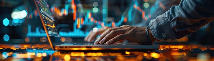 Wall Mural - A man is typing on a laptop in front of a plant. The laptop screen shows a graph with several lines and bars. The man is focused on his work, and the scene conveys a sense of productivity