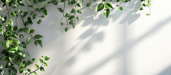 Wall Mural - A theme featuring fresh green leaves against crisp white walls with empty space for images. Copy space image. Place for adding text and design