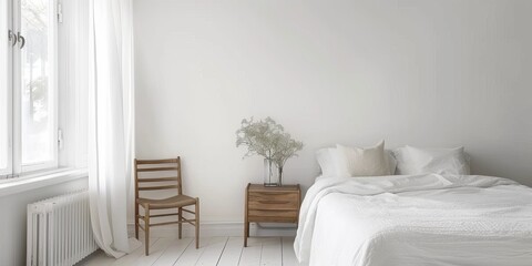 Aufkleber - Minimalist Scandinavian bedroom with white walls and simple wooden furnishings
