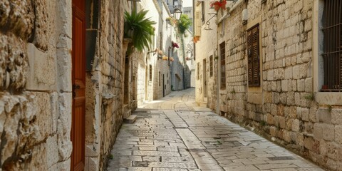 Aufkleber - Historic city street with ancient stone walls, blending past and present architecture