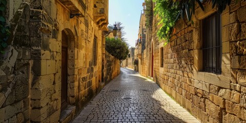 Wall Mural - Historic city street with ancient stone walls, blending past and present architecture