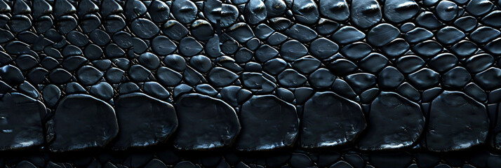 Wall Mural - Black snake skin texture background, top view. Dark wallpaper with a seamless pattern of a textured reptile surface for design and decoration.