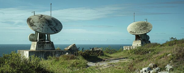 Wall Mural - Advanced military radar installation on a coastal defense site.