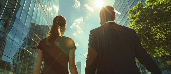 A businesswoman and businessman are outdoors in a modern city environment with space for text or other elements in the image. Copy space image. Place for adding text and design