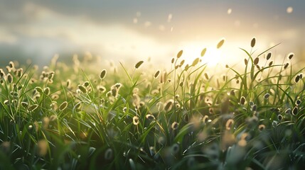 Wall Mural - Creative grass with plants at dusk field with little depth the sunshine view