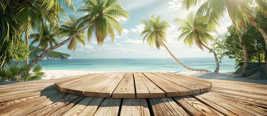 Poster - Wooden table set in a beach backdrop featuring palm trees offering a scenic copy space image for showcasing summer products