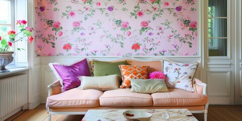 Aufkleber - Colorful wallpaper adorned with floral patterns, adding a touch of elegance to a room