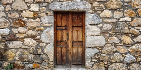 Wall Mural - Old-fashioned wooden door set into a rustic stone wall, capturing historical charm