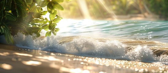 Canvas Print - A stunning tropical beach scene with sunlit waves blurred in the background creates a serene and inviting copy space image for summer vacation and holiday concepts