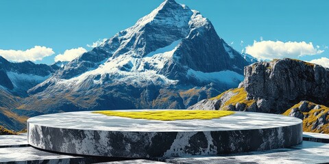 Sticker - Stone Platform with Grass Patch in Front of a Mountain Range