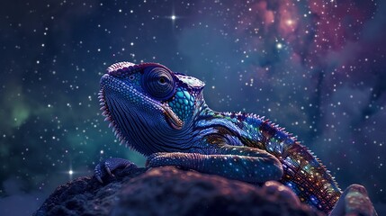 Wall Mural - Cute astronaut chameleon gazing up at the stars